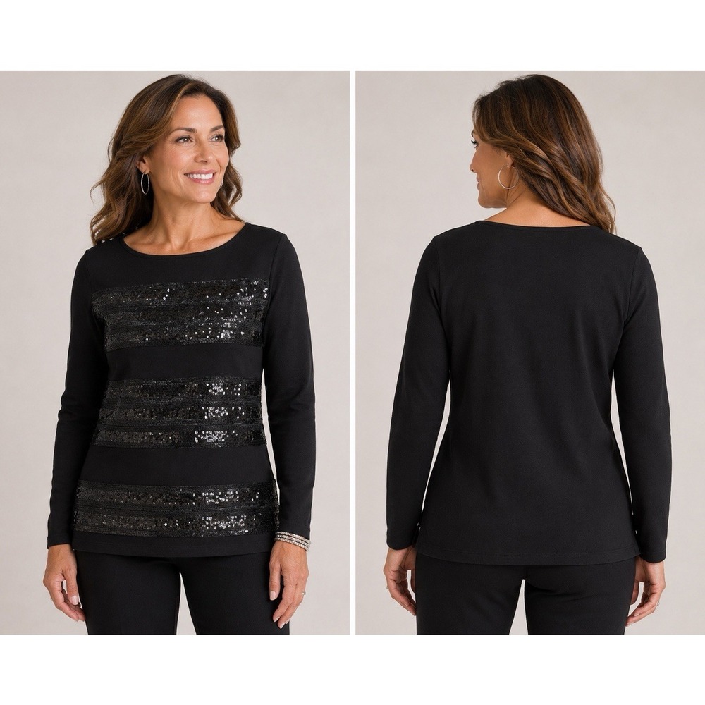 Banana Republic Top Womens XS Black Sequin Stripe Boat Neck Long Sleeve Party‎